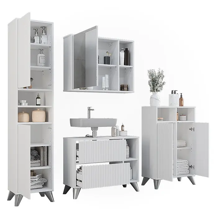 Vicco Badmöbel-Set Leano Weiß 80 cm, Set 4 - Weiß, Matt - Weißes Badmöbelset mit gerippten Türen/Schubladen, silbernen Füßen und Waschbecken.