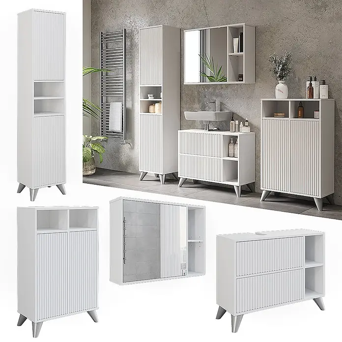 Vicco Badmöbel-Set Leano Weiß 80 cm, Set 4 - Weiß, Matt - Weißes geriffeltes Badmöbel-Set mit schrägen Beinen: Hochschrank, Waschtisch und Spiegelschrank, in einem modernen Bad.