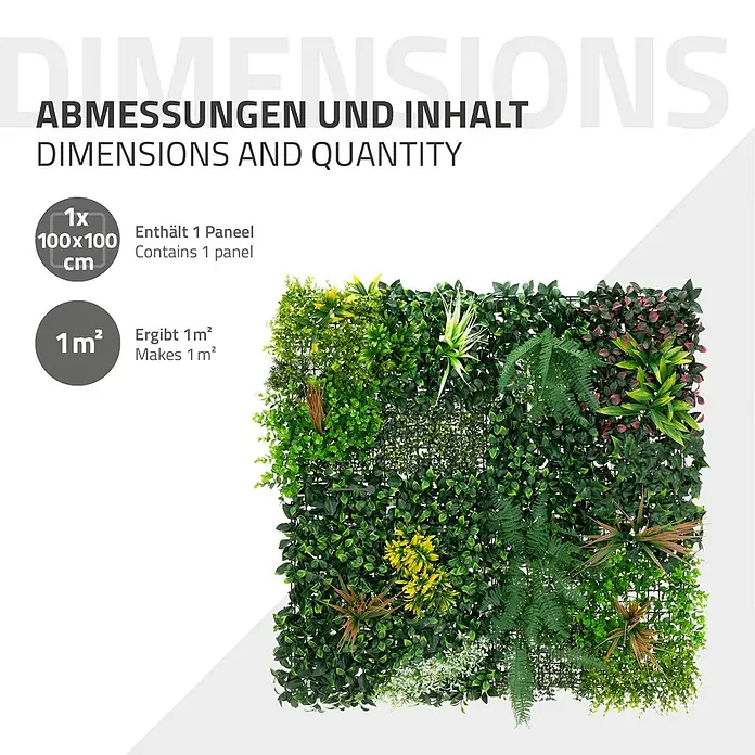 ECD Germany Kunstpflanze Jungle Mix - Höhe: 100 cm, Kunststoff - Künstliche grüne Pflanzenwand, 100x100 cm, deckt 1 m² ab, mit verschiedenen Blatttypen.