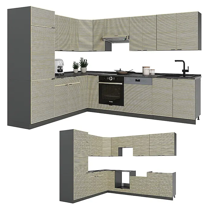Vicco Eckküche Fame-Line Eiche Paneel/Anthrazit, AP Marmor - B x T: 287 x 60 cm, Eiche Paneel, Ohne Elektrogeräte - L-förmige Küche mit grauen Schränken und hellbeigen Lamellentüren, inkl. Backofen, Geschirrspüler und Spüle.