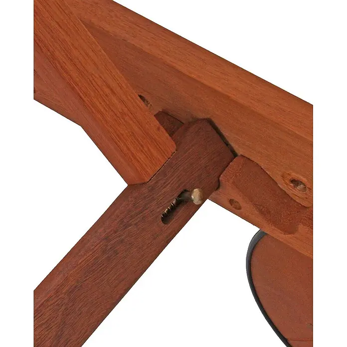 Garden Pleasure Gartenliege Palm Springs - B x T: 63 x 197 cm, Braun, Holz, Rückenlehne verstellbar - Nahaufnahme eines rotbraunen Holz-Liege-/Verstellmechanismus mit Einstellstift in einer Zahnrille.