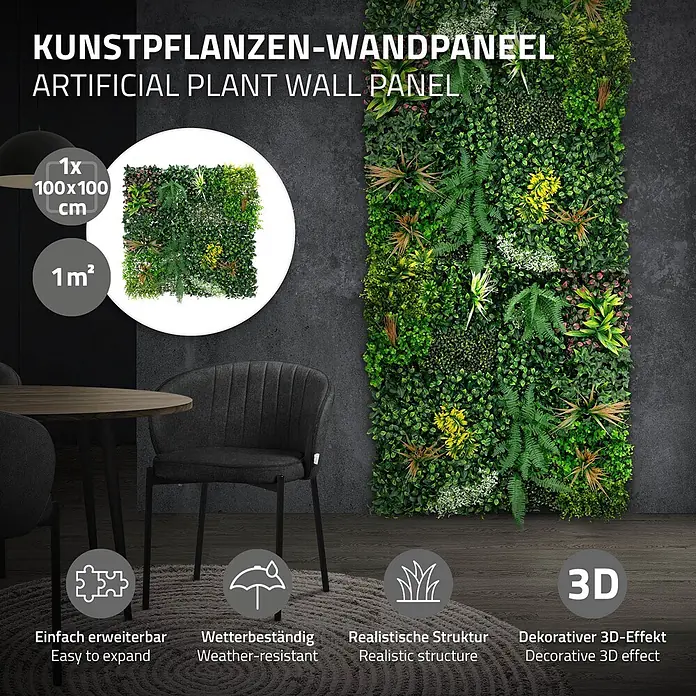 ECD Germany Kunstpflanze Jungle Mix - Höhe: 100 cm, Kunststoff - Kunstpflanzen-Wandpaneel mit vielfältigem Grünlaub und dekorativem 3D-Effekt, an dunkler Wand dargestellt.
