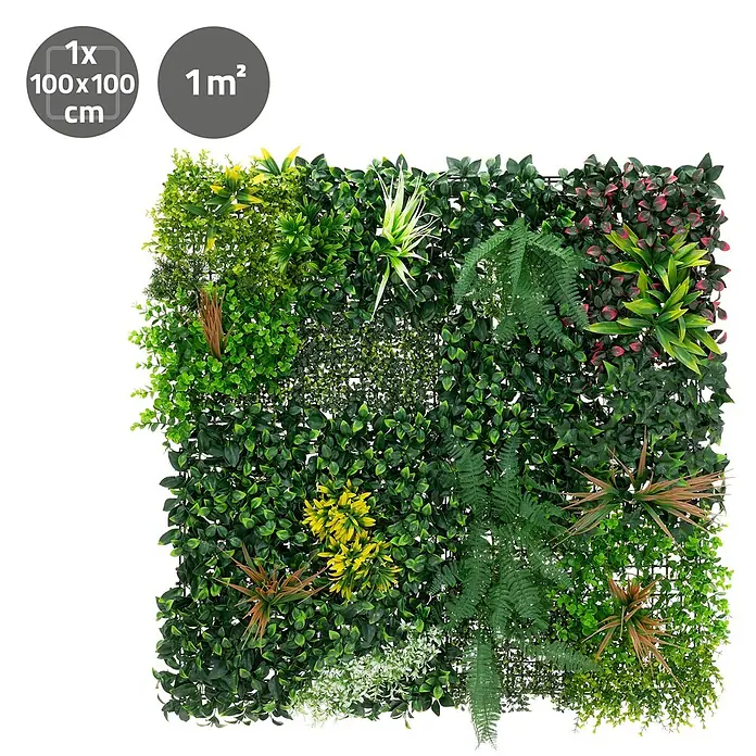 ECD Germany Kunstpflanze Jungle Mix - Höhe: 100 cm, Kunststoff - Künstliche grüne Wandpaneele, 100x100 cm (1 m²), mit verschiedenen grünen Pflanzen, gelben, roten und braunen Akzenten.