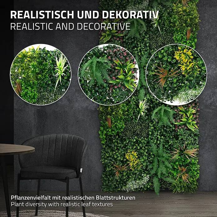 ECD Germany Kunstpflanze Jungle Mix - Höhe: 100 cm, Kunststoff - Große künstliche Pflanzenwand im Raum, mit vielfältigen, realistischen Pflanzen und Blattstrukturen. Runde Nahaufnahmen zeigen Details.