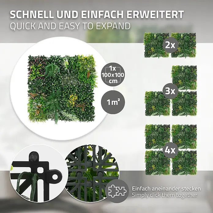 ECD Germany Kunstpflanze Jungle Mix - Höhe: 100 cm, Kunststoff - Modulare Kunstpflanzenmatte, 100x100 cm, zeigt Erweiterung von 1 auf 4 Einheiten und das einfache Klick-System.