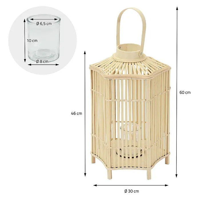 ECD Germany Windlicht Boho Bambus Laterne - Ø x H: 30 x 60 cm, Natur - Helle Bambuslaterne mit Griff und einem zylindrischen Glaseinsatz für Kerzen.