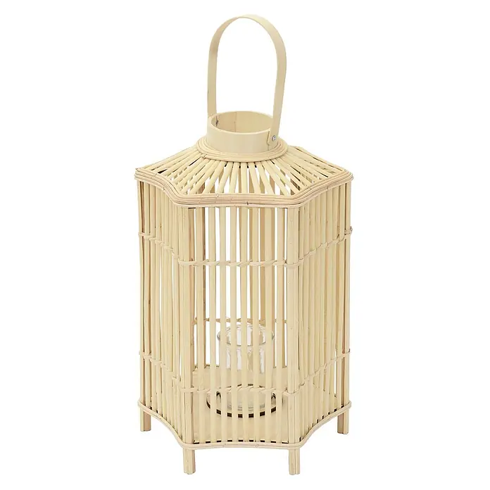 ECD Germany Windlicht Boho Bambus Laterne - Ø x H: 30 x 60 cm, Natur - Bambus Sechskant-Laterne mit Griff und Glashalter für Kerzen.