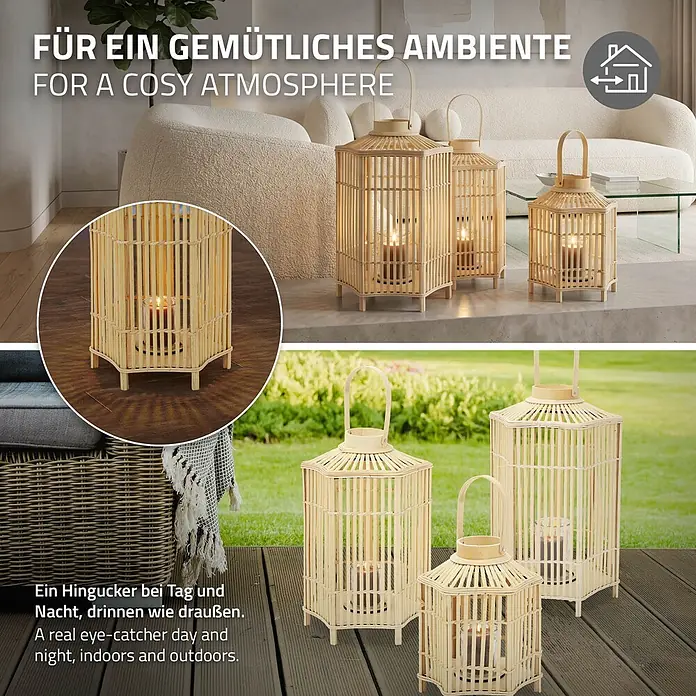 ECD Germany Windlicht Boho Bambus Laterne - Ø x H: 30 x 60 cm, Natur - Bambuslaternen mit brennenden Kerzen, schaffen drinnen und draußen eine gemütliche Atmosphäre.
