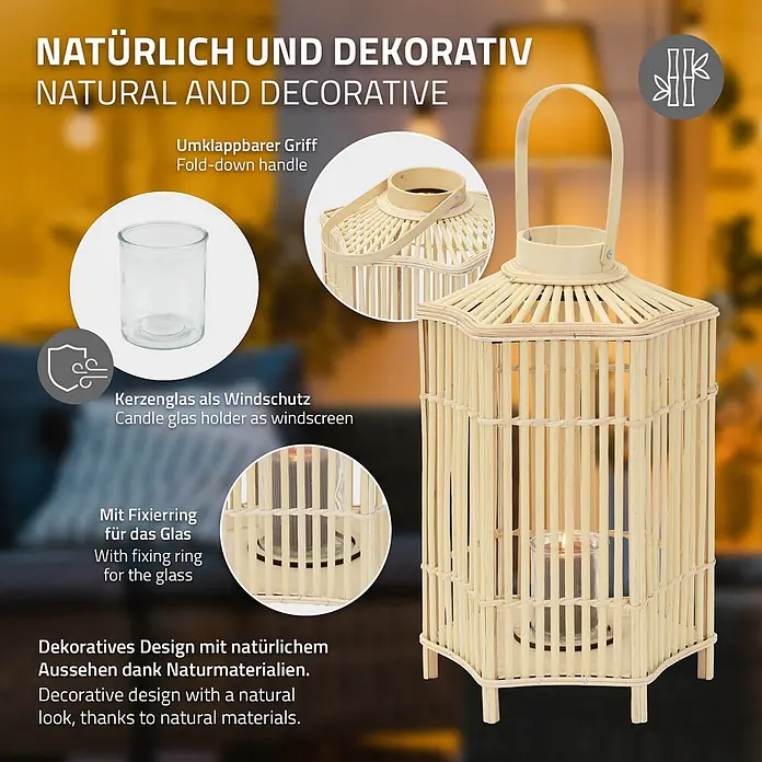 ECD Germany Windlicht Boho Bambus Laterne - Ø x H: 30 x 60 cm, Natur - Eine natürliche Bambuslaterne mit einem Glaskerzenhalter und klappbarem Griff.