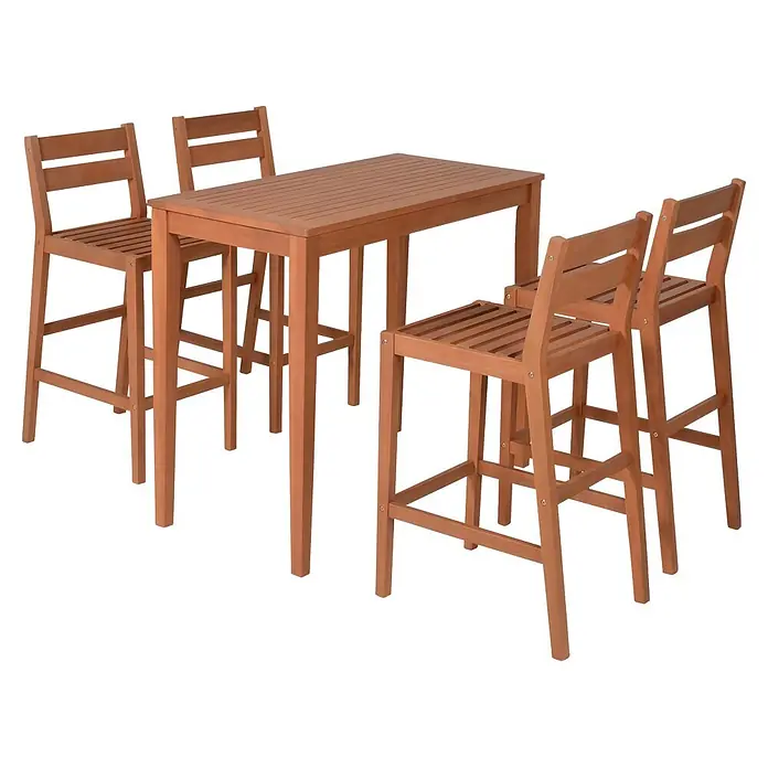 Garden Pleasure Gartenmöbel-Set Barset - 5 -tlg., Eukalyptusholz, Braun - Hellbrauner Bartisch aus Holz mit vier passenden Holzbarhockern.
