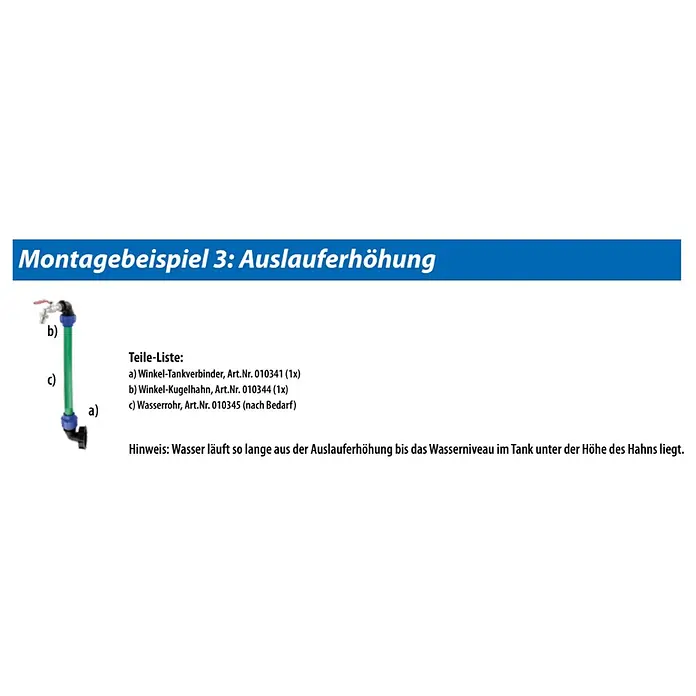 Winkelverbinder - Kunststoff, 32 mm - Grünes Rohr-Auslaufset mit Winkel-Tankverbinder und Kugelhahn zur Erhöhung des Auslaufs von Wassertanks.