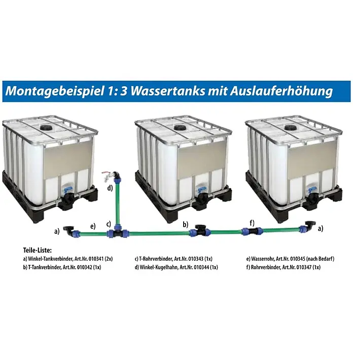 Winkelverbinder - Kunststoff, 32 mm - Drei IBC-Wassertanks, verbunden durch ein grünes Rohrsystem mit erhöhtem Auslauf und Hahn, als Montagebeispiel dargestellt.