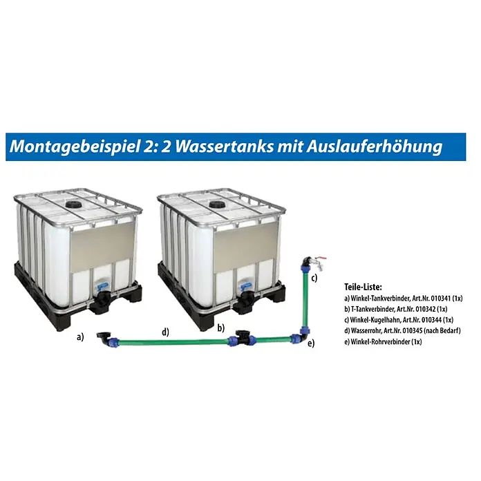 Winkelverbinder - Kunststoff, 32 mm - Zwei IBC Wassertanks verbunden mit grünen Rohren und schwarzem/blauem Zubehör zu einer erhöhten Zapfstelle.