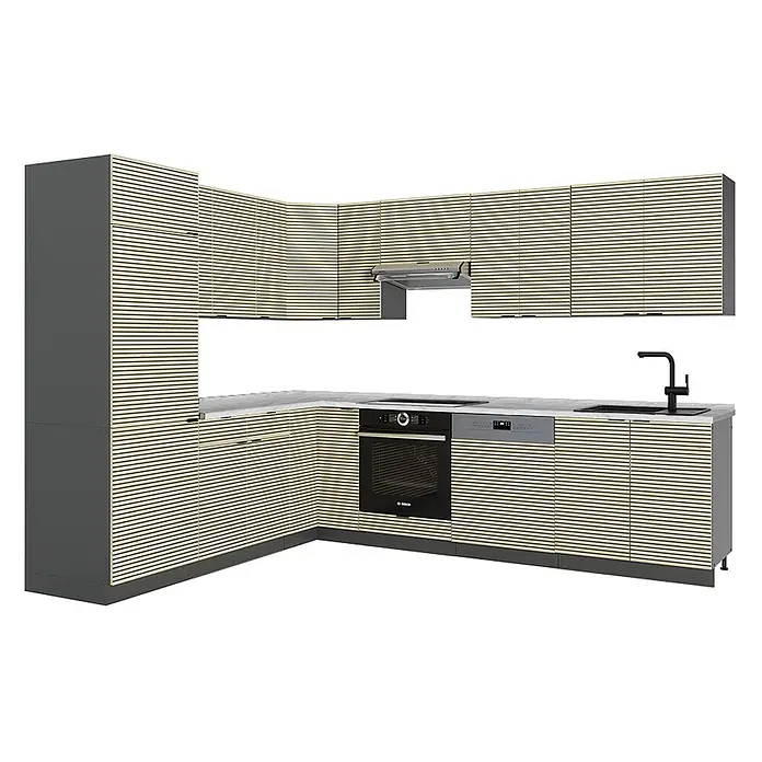 Vicco Eckküche Fame-Line Eiche Paneel/Anthrazit, AP Marmor - B x T: 287 x 60 cm, Eiche Paneel, Ohne Elektrogeräte - L-förmige Küchenzeile mit hellen Holzlamellenfronten und dunkelgrauen Paneelen, inkl. integriertem Backofen, Kochfeld, Geschirrspüler und Spüle.
