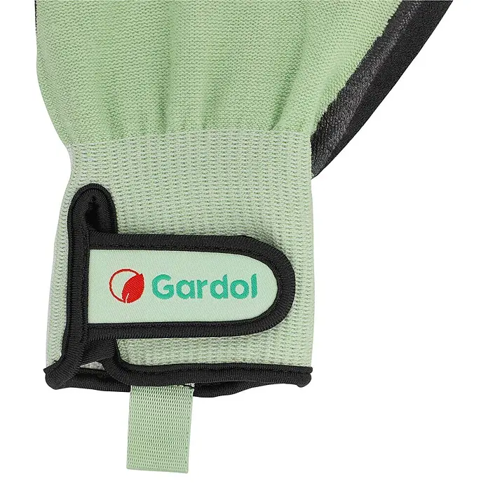 Gardol Gartenhandschuhe für Pflanzarbeiten - 9, L, Grün, 1 Stk. - Hellgrüner texturierter Handschuh mit schwarzem Besatz und „Gardol“-Logo.