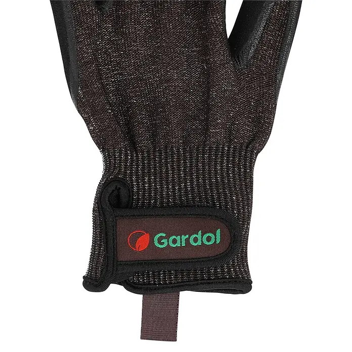 Gardol Gartenhandschuhe für Pflanzarbeiten - 9, L, Braun, 1 Stk. - Dunkler Schutzhandschuh mit strukturierter Webart und „Gardol“-Logo.