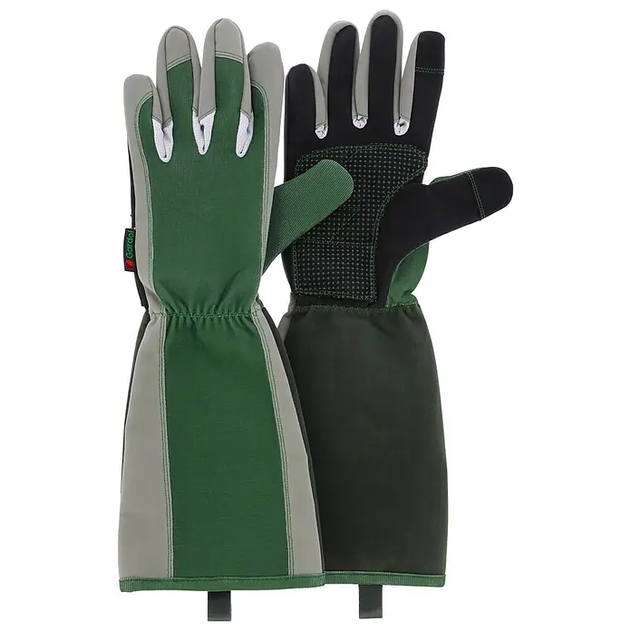 Gardol Gartenhandschuhe mit Stulpen - 8, M, Grün - Grüne und graue Gartenschutzhandschuhe mit langen Stulpen und strukturierten schwarzen Handflächen.