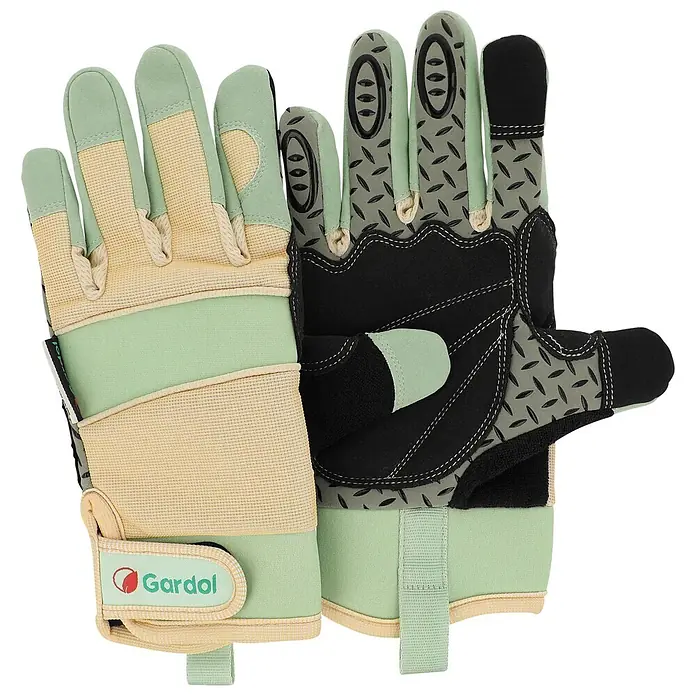 Gardol Gartenhandschuhe für den Geräteeinsatz - 8, M, Mint - Paar hellgrüner und beiger Gardol Gartenhandschuhe mit schwarzem strukturiertem Griff auf den Handflächen.