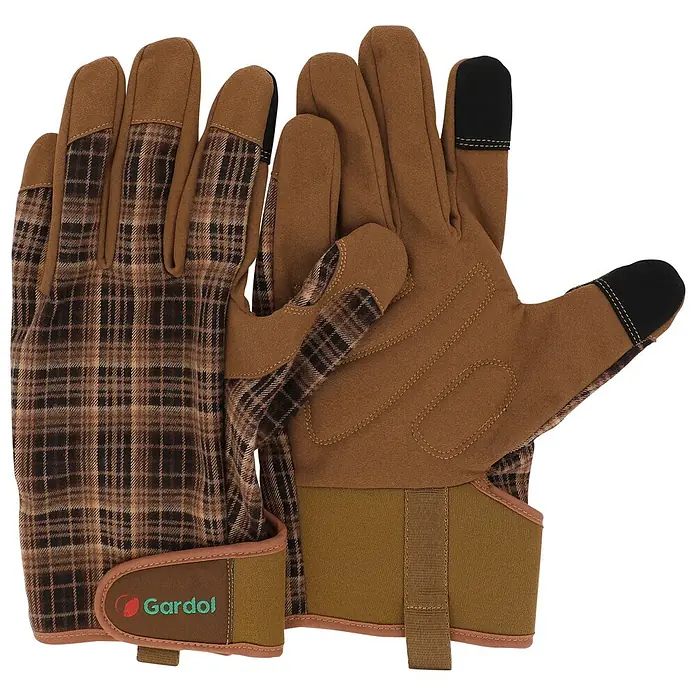 Gardol Gartenhandschuhe für Pflegearbeiten - 10, XL, Braun - Paar braune Gartenhandschuhe mit Karomuster, schwarzen Touchscreen-Fingerspitzen und verstellbarem Riemen, mit Gardol-Logo.