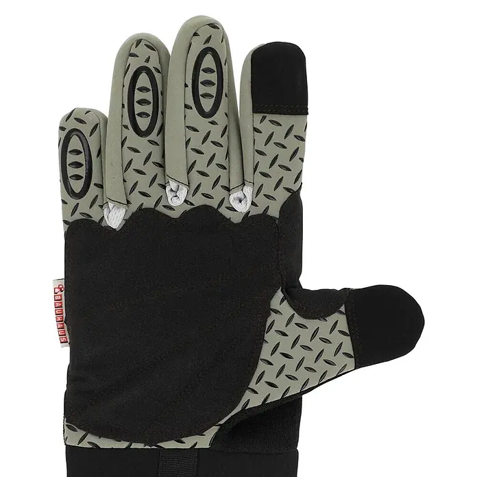 Gardol Gartenhandschuhe für den Geräteeinsatz - 8, M, Braun - Olivgrüner und schwarzer Arbeitshandschuh mit griffiger Textur und einem touchscreen-kompatiblen Zeigefinger.