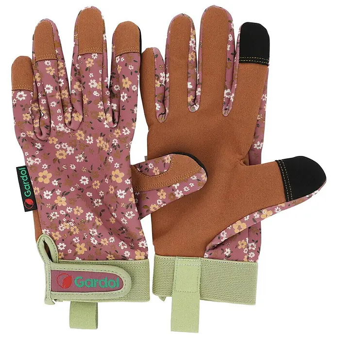 Gardol Gartenhandschuhe für Pflegearbeiten - 8, M, Lila/Braun - Paar Gartenhandschuhe mit Blumenmuster, braunen Handflächen, schwarzen Touchscreen-Fingerspitzen und grünen Gardol-Armbändern.