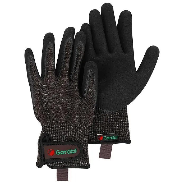 Gardol Gartenhandschuhe für Pflanzarbeiten - 9, L, Braun, 1 Stk. - Paar schwarze Gardol Gartenhandschuhe. Einer zeigt die texturierte Handfläche, der andere den glatten Handrücken.