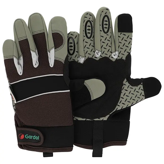 Gardol Gartenhandschuhe für den Geräteeinsatz - 8, M, Braun - Paar olivgrüne, schwarze und braune Arbeitshandschuhe mit texturierten Handflächen und Touchscreen-kompatiblen Fingerspitzen.