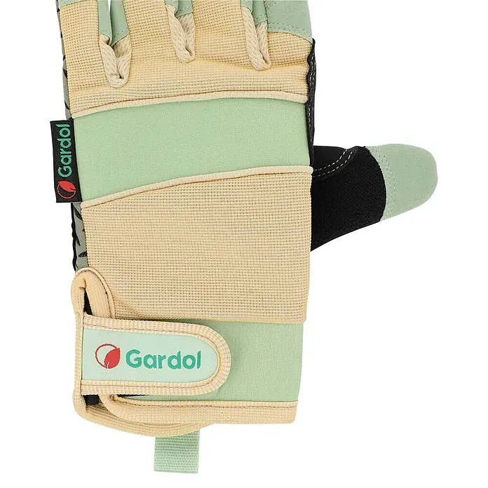 Gardol Gartenhandschuhe für den Geräteeinsatz - 8, M, Mint - Hellgrüner und beiger Gartenhandschuh mit schwarzem Rand und Gardol-Logo. Mit Mesh-Rücken und verstellbarem Handgelenkriemen.
