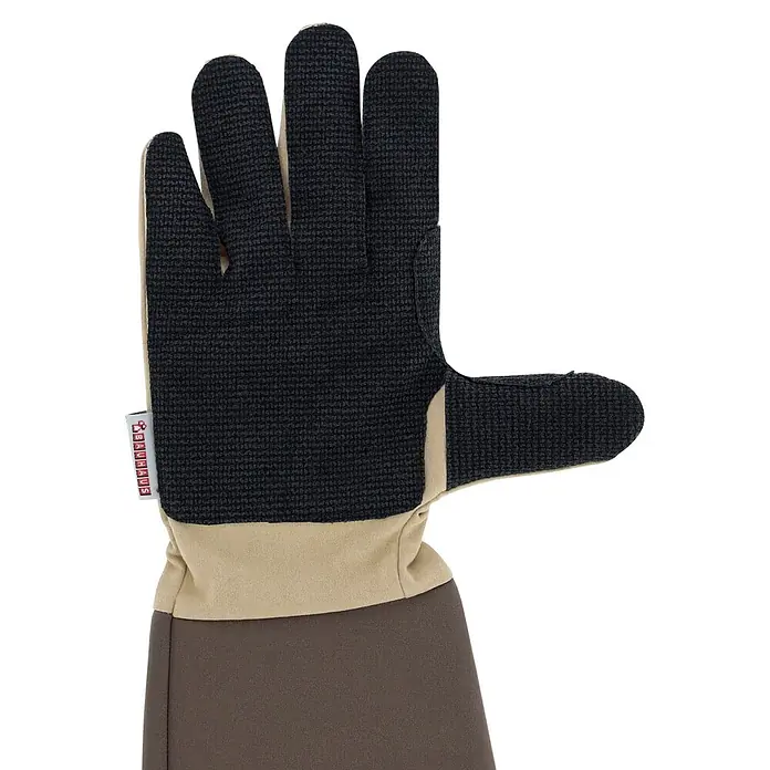 Gardol Gartenhandschuhe - 8, M, Braun - Schwarzer und beiger Gartenhandschuh mit dunkelbrauner Stulpe und strukturierter Handfläche. Mit "BAUHAUS"-Etikett.