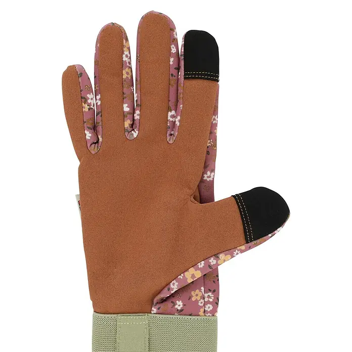 Gardol Gartenhandschuhe für Pflegearbeiten - 8, M, Lila/Braun - Floral gemusterter Gartenhandschuh mit brauner Wildlederhandfläche, schwarzen Touchscreen-Fingerspitzen und grünem elastischem Bund.
