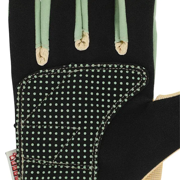 Gardol Gartenhandschuhe mit Stulpen - 8, M, Mint - Schwarzer Handschuh mit hellgrünen Fingerschlaufen, schwarzer Handfläche mit hellgrünen Noppen. Beiger Strick sichtbar.