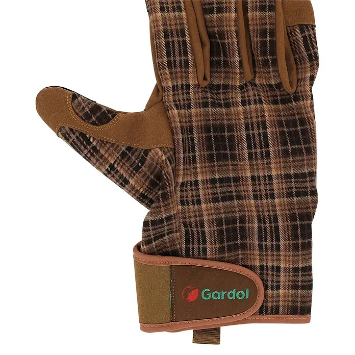 Gardol Gartenhandschuhe für Pflegearbeiten - 10, XL, Braun - Brauner und schwarzer karierter Gartenhandschuh mit Wildleder-Akzenten und Gardol-Logo.