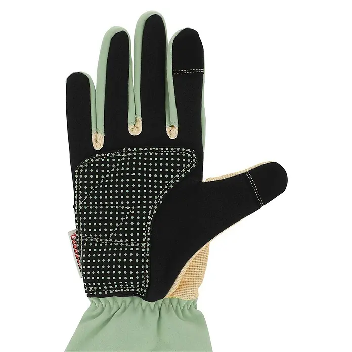 Gardol Gartenhandschuhe mit Stulpen - 8, M, Mint - Schwarzer und hellgrüner Gartenhandschuh mit gepunktetem Griff und beigem Netz.