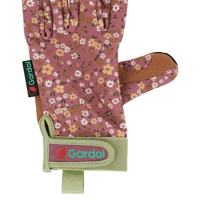Gardol Gartenhandschuhe für Pflegearbeiten - 8, M, Lila/Braun - Florale Gartenhandschuhe in Mauve mit braunem Besatz und grünem Handgelenkband, Gardol Logo.