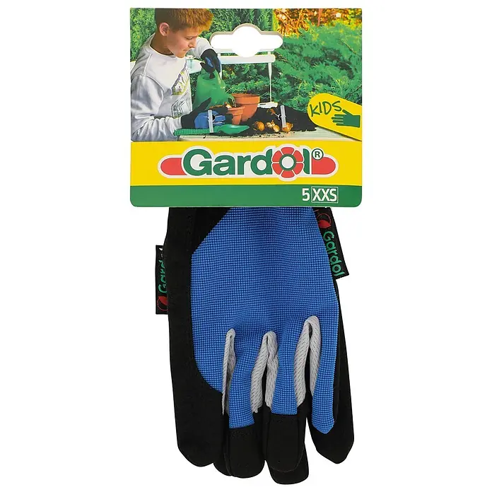 Gardol Kinder-Gartenhandschuhe - 5, Blau - Gardol Kids blau-schwarze Gartenhandschuhe (Größe 5 XXS) aus strukturiertem Stoff, auf Etikett mit gärtnerndem Kind.