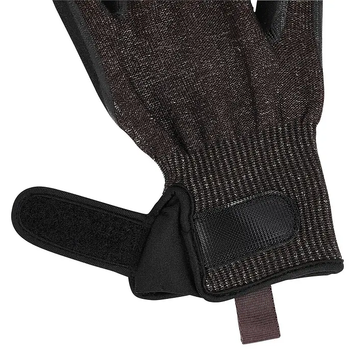 Gardol Gartenhandschuhe für Pflanzarbeiten - 9, L, Braun, 1 Stk. - Nahaufnahme eines dunkelbraunen Schutzhandschuhs aus Webstoff mit schwarzen Akzenten und verstellbarem Klettverschluss.