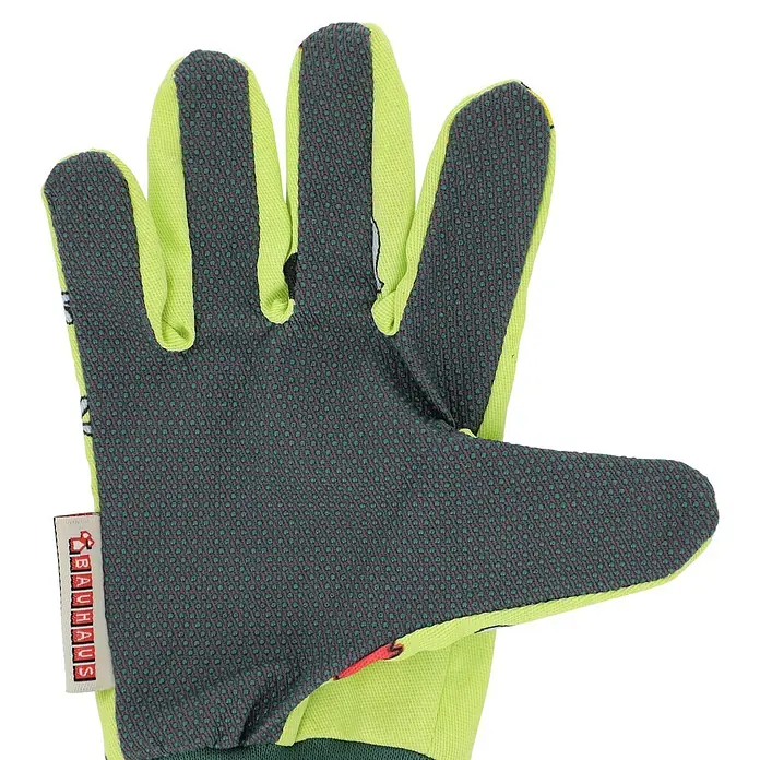 Gardol Kinder-Gartenhandschuhe Tiere - Handschuhgröße: 5, Gelb - Hellgrüner und dunkelgrauer Arbeitshandschuh mit texturierter Grifffläche an Handfläche und Fingerspitzen und einem "BAUHAUS"-Etikett.