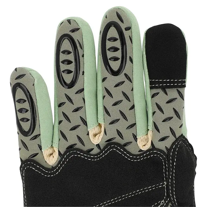 Gardol Gartenhandschuhe für den Geräteeinsatz - 8, M, Mint - Ein grauer und hellgrüner Arbeitshandschuh mit schwarzen gummierten Texturen auf Handfläche und Fingern sowie einem schwarzen Handgelenksbereich mit weißen Nähten.