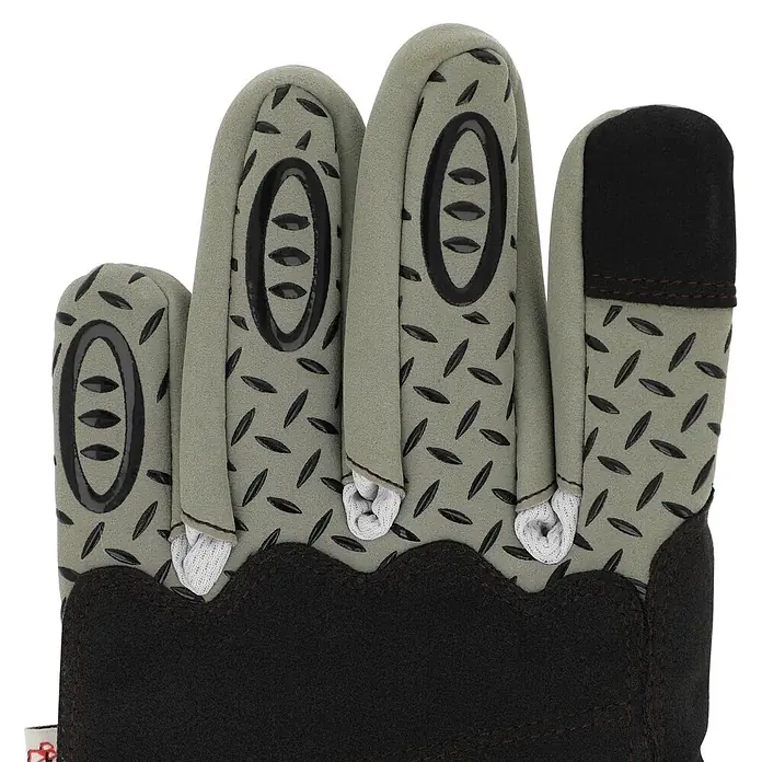 Gardol Gartenhandschuhe für den Geräteeinsatz - 8, M, Braun - Nahaufnahme eines hellgrünen Arbeitshandschuhs mit schwarzen Anti-Rutsch-Mustern auf Handfläche und Fingern sowie dunkler Manschette.