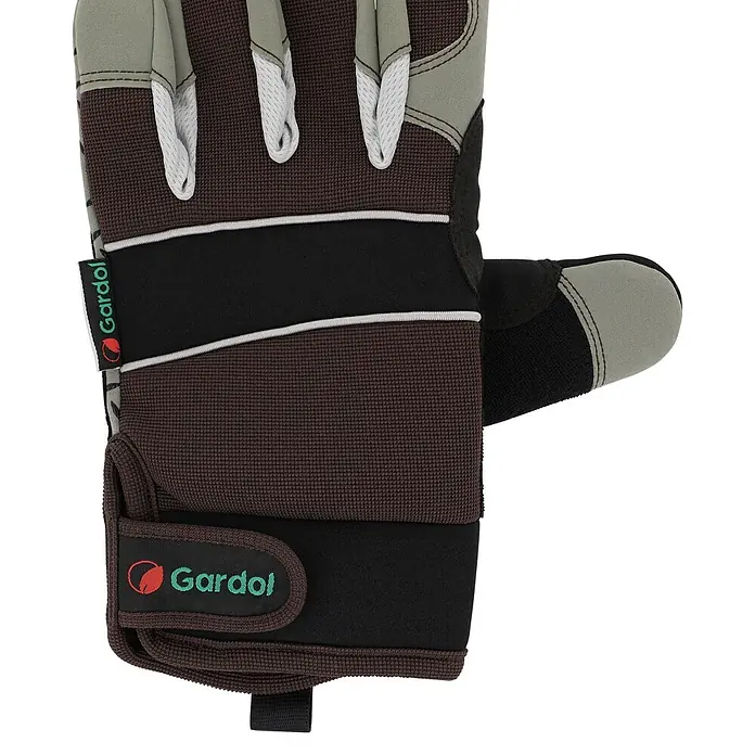 Gardol Gartenhandschuhe für den Geräteeinsatz - 8, M, Braun - Brauner und grauer Gardol Arbeitshandschuh mit schwarzen Bändern und weißem Fingernetz. Mit Gardol-Logo am Handgelenkriemen.