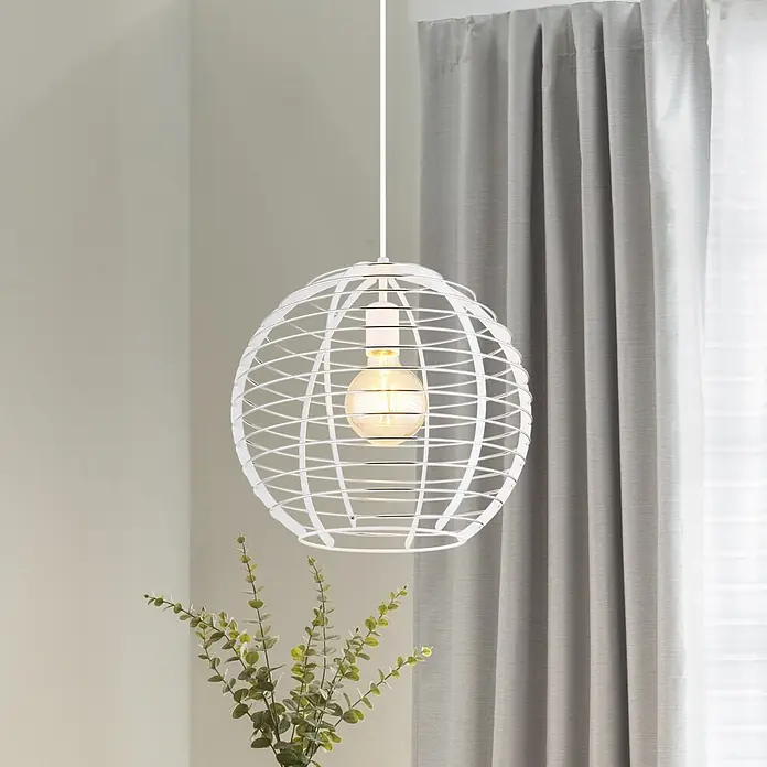 Globo Pendelleuchte Nesa - 60 W, Weiß, E27 - Weiße kugelförmige Drahtgeflecht-Pendelleuchte mit sichtbarer warmer Glühbirne.