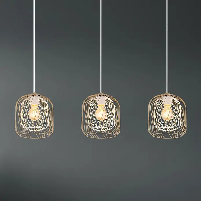 Globo Pendelleuchte Dichti - 40 W, L x B x H: 84 x 18 x 150 cm, Sandfarben, E27 - Drei Pendelleuchten mit goldfarbenen Drahtkäfigen und beleuchteten Glühbirnen.