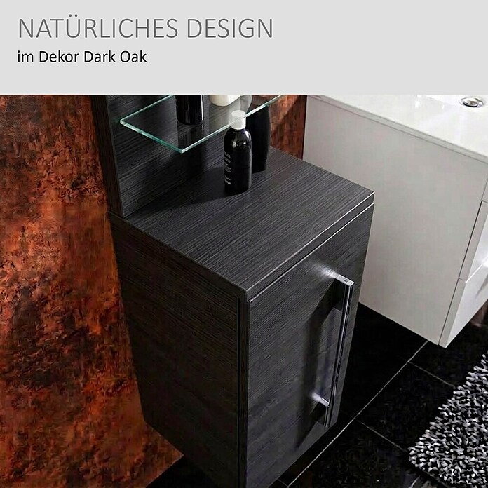 Camargue Stella Seitenschrank (32,5 x 30 x 151,6 cm, 3 Glasböden mit LED-Beleuchtung, Darkoak)