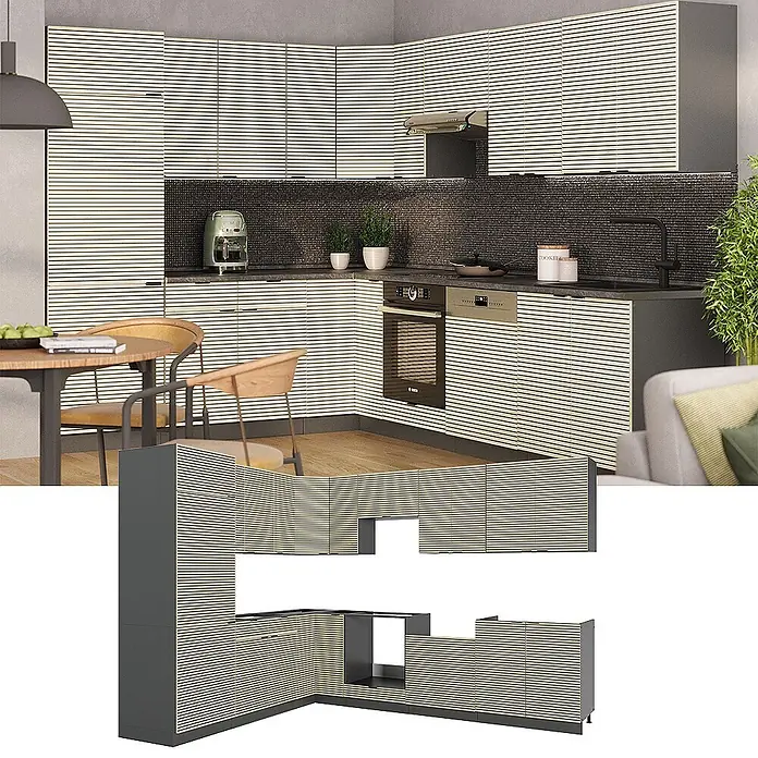 Vicco Eckküche Fame-Line Eiche Paneel/Anthrazit, AP Marmor - B x T: 287 x 60 cm, Eiche Paneel, Ohne Elektrogeräte - Modulare Eckküche mit horizontal gestreiften, hellbeigen Fronten und dunkelgrauen Rahmen, mit Ober- und Unterschränken.