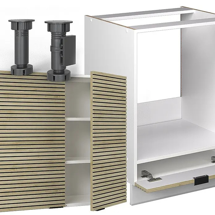 Vicco Eckküche Fame-Line Eiche Paneel/Weiß ohne Arbeitsplatte - B x T: 287 x 46 cm, Eiche Paneel, Ohne Elektrogeräte - Explosionszeichnung eines weißen Schranks mit hellen Holzlamellentüren und dunkelgrauen verstellbaren Möbelfüßen.