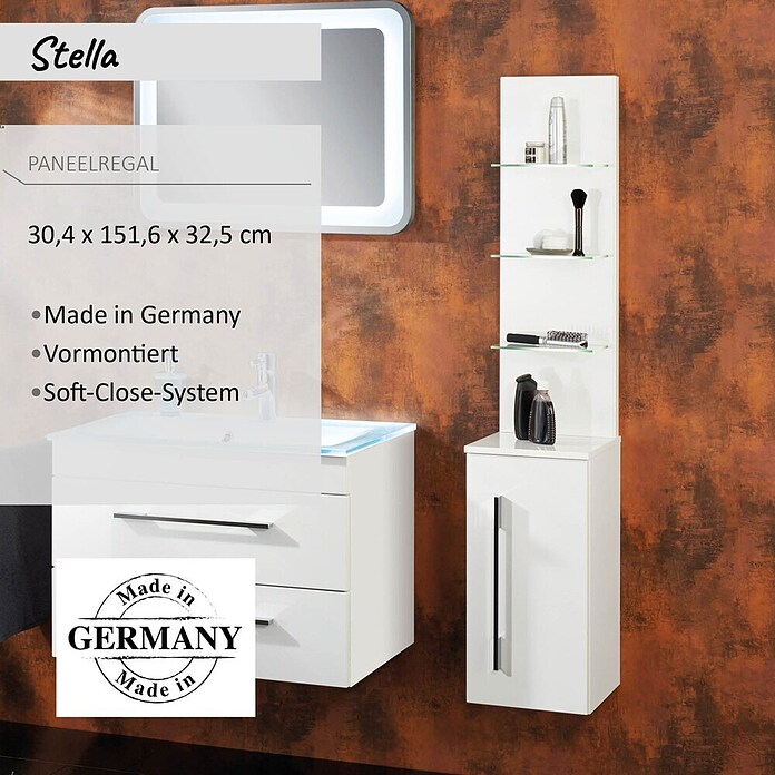 Camargue Stella Seitenschrank (32,5 x 30 x 151,6 cm, 3 Glasböden mit LED-Beleuchtung, Weiß)