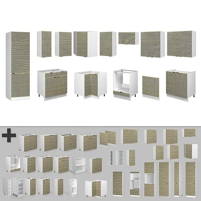Vicco Eckküche Fame-Line Eiche Paneel/Weiß ohne Arbeitsplatte - B x T: 287 x 46 cm, Eiche Paneel, Ohne Elektrogeräte - Modulare Küchenschränke: weiße Korpusse mit hellen Holzlamellenfronten, in verschiedenen Größen und Ausführungen.