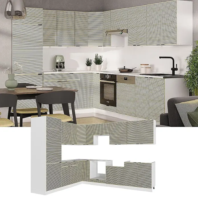 Vicco Eckküche Fame-Line Eiche Paneel/Weiß ohne Arbeitsplatte - B x T: 287 x 46 cm, Eiche Paneel, Ohne Elektrogeräte - Modulküche mit hell gestreiften Schränken in modernem Ambiente.