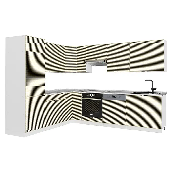 Vicco Eckküche Fame-Line Eiche Paneel/Weiß ohne Arbeitsplatte - B x T: 287 x 46 cm, Eiche Paneel, Ohne Elektrogeräte - L-förmige Küche mit hellen Holzlamellenfronten, weißer Arbeitsplatte und schwarzen Einbaugeräten.