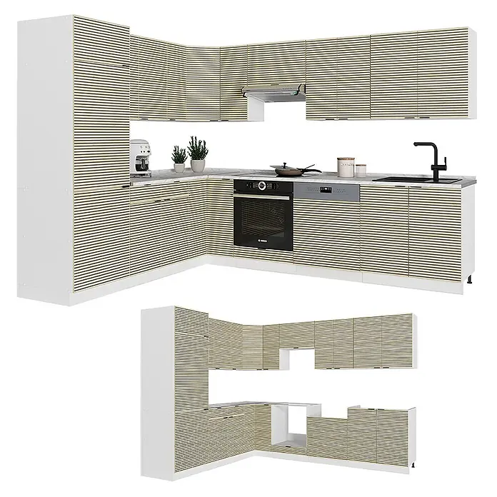 Vicco Eckküche Fame-Line Eiche Paneel/Weiß ohne Arbeitsplatte - B x T: 287 x 46 cm, Eiche Paneel, Ohne Elektrogeräte - Modulare Eckküche mit hellen Holzstreifen-Fronten, weißen Rahmen und integrierten Plätzen für Ofen, Spülmaschine und Spüle.